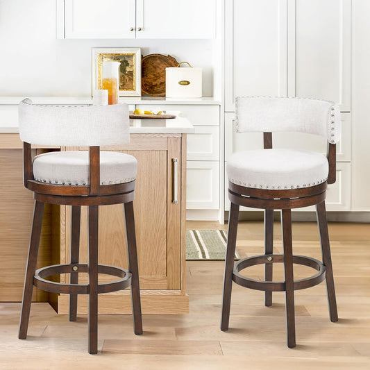COLAMY Swivel Bar Stools Set of 2, 30 Inch Swivel Bar Height Bar Stools, Wood Swivel Barstools with Back, Modern Upholstered Wooden Barstools for Kitchen Island Dining Room Bar, Beige