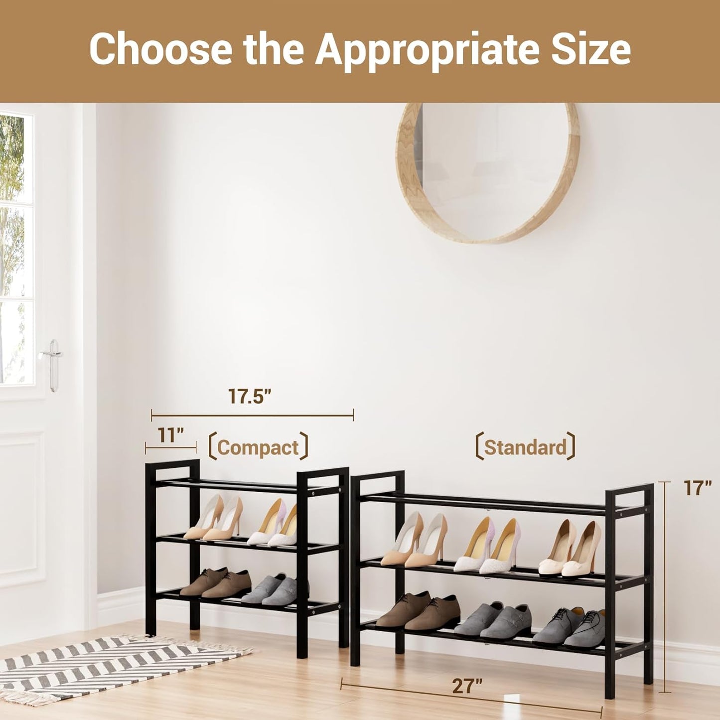 Haddockway Bamboo Shoe Rack for Closet, Free Standing Shoe Organizer with Smooth Round Rods & Convenient Handles, Stackable Shoe Storage Shelf for Entryway, Hallway(Black, 3-Tier)