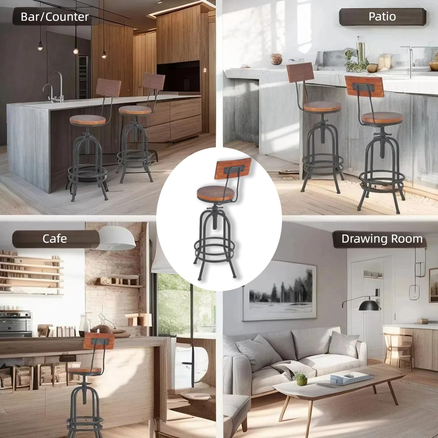 Set of 2-Industrial Bar Stools with Backrest-Swivel Wood Seat-Bar Counter Height Adjustable 26-32.2inch-Kitchen Island Dining Chair