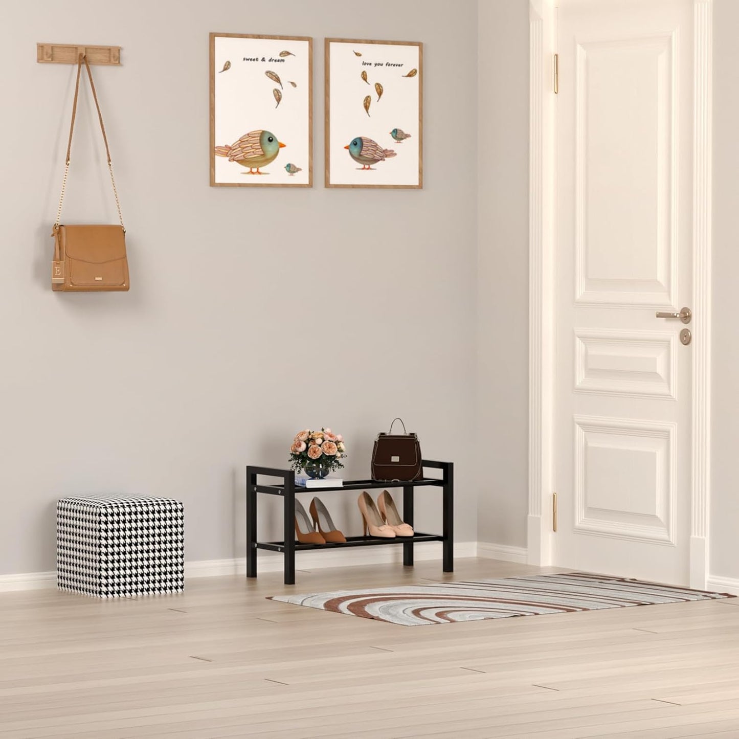 Haddockway Bamboo Shoe Rack for Closet, Free Standing Shoe Organizer with Smooth Round Rods & Convenient Handles, Stackable Shoe Storage Shelf for Entryway, Hallway(Black, 2-Tier(Small))