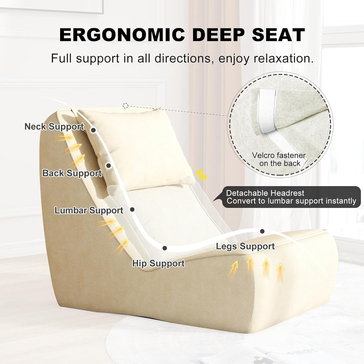 Giant Bean Bag Chair for Adults - Indoor Chaise Lounge with Neck Pillow & Ottoman, All-in-One Sponge Design, Comfy Floor Chair for Reading, Gaming, Napping, and Movies (Khaki)