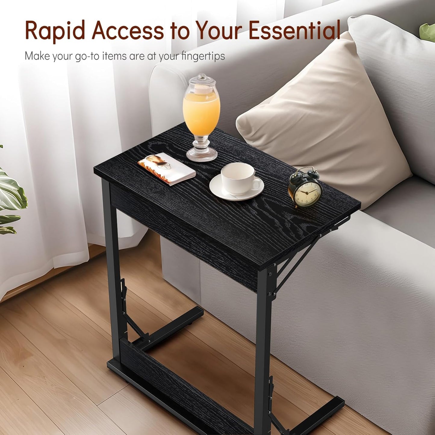 Tatub 24" Folding C Shaped End Table Set of 2, Small Sofa Side Laptop Desk, Couch TV Tray Table for Living Room, Bedroom, Black