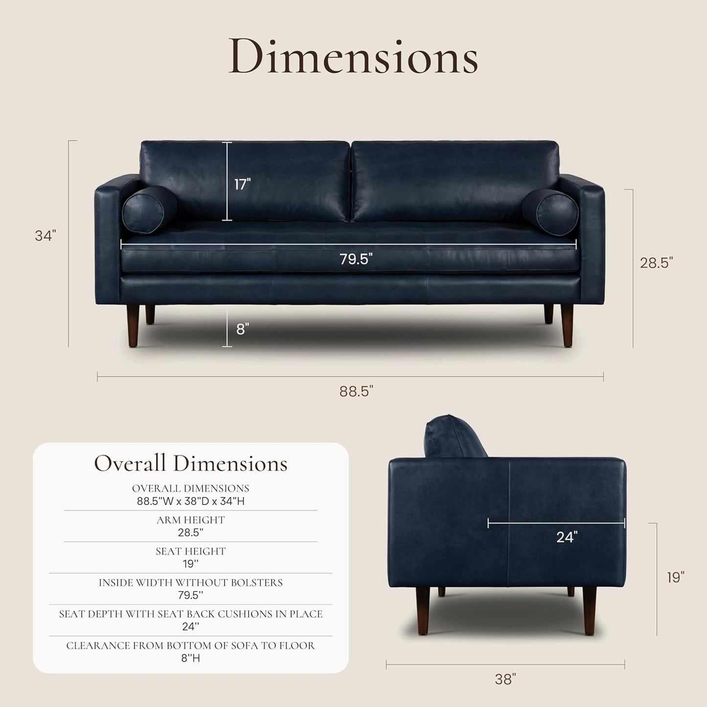 Poly & Bark Napa Leather Couch - 88.5-Inch Office Sofa with 2 Bolsters - Full-Grain Leather Sofa for Living Room with Feather-Down Topper - Living Room Couch - Vintage Italian Leather in Midnight Blue