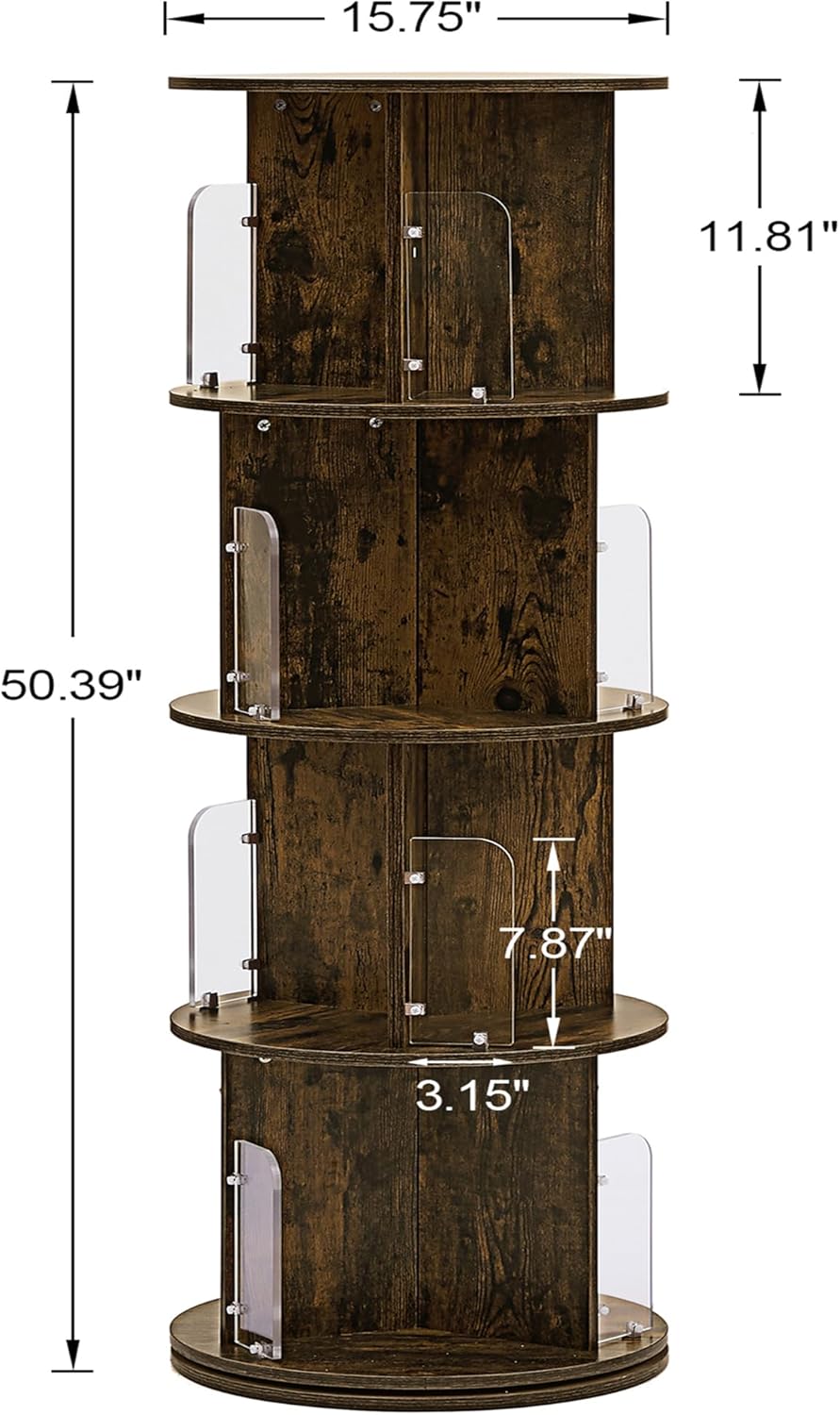 VECELO Rotating Bookshelf Tower, 360°Revolving Bookcase, Modern Tall Book Shelf Storage Display Rack Floor Standing, 4 Tier Storage Rack for Kids&Adults Solid Wood, Brown