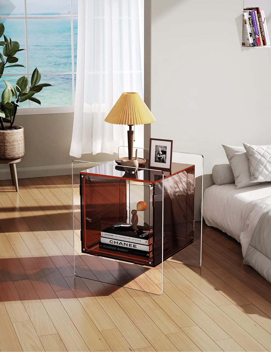 Acrylic Nightstand Colorful Bedside Table with Open Storage Shelf,Clear Side Table for Living Room (1, Dark Brown)