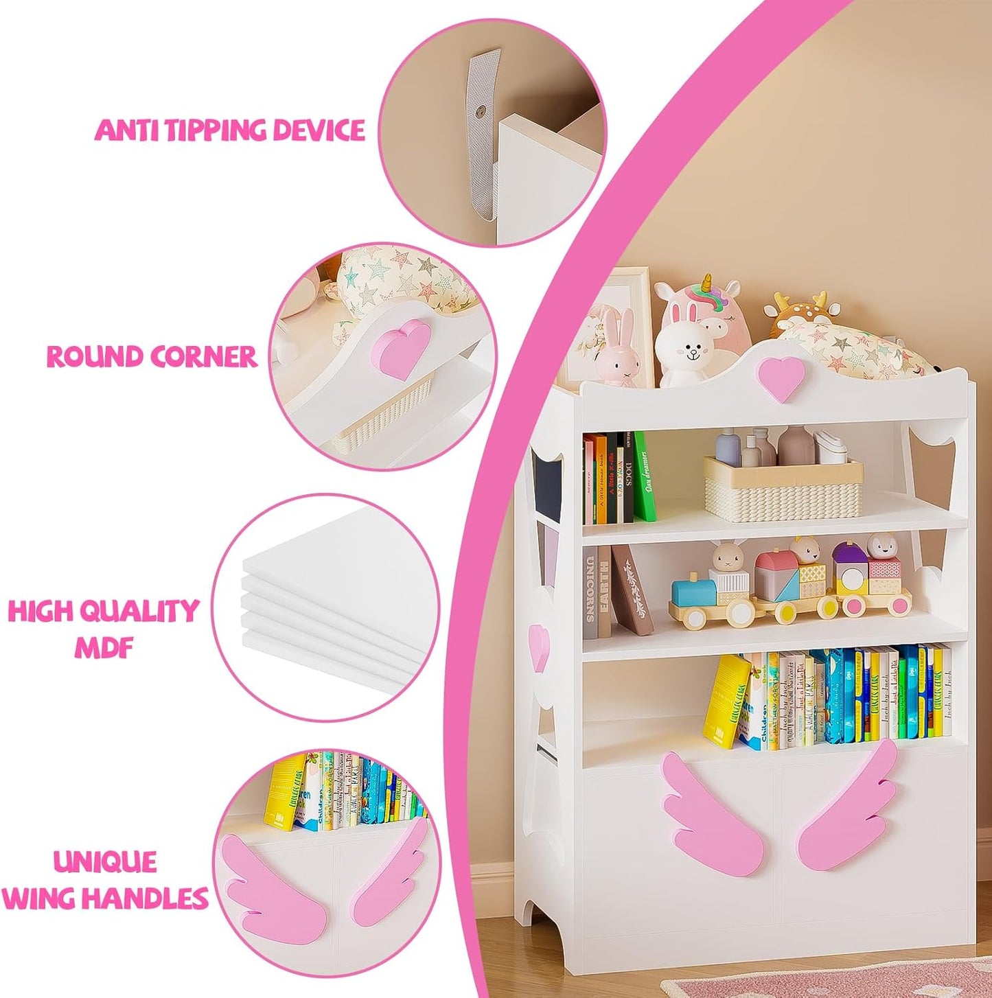 Timy Kids Bookcase 4-Tier Toy Storage Organizer Multifunctional Bookshelf with 2 Movable Drawers Bookcase Toy Storage Cabinet Display Stand for Bedroom