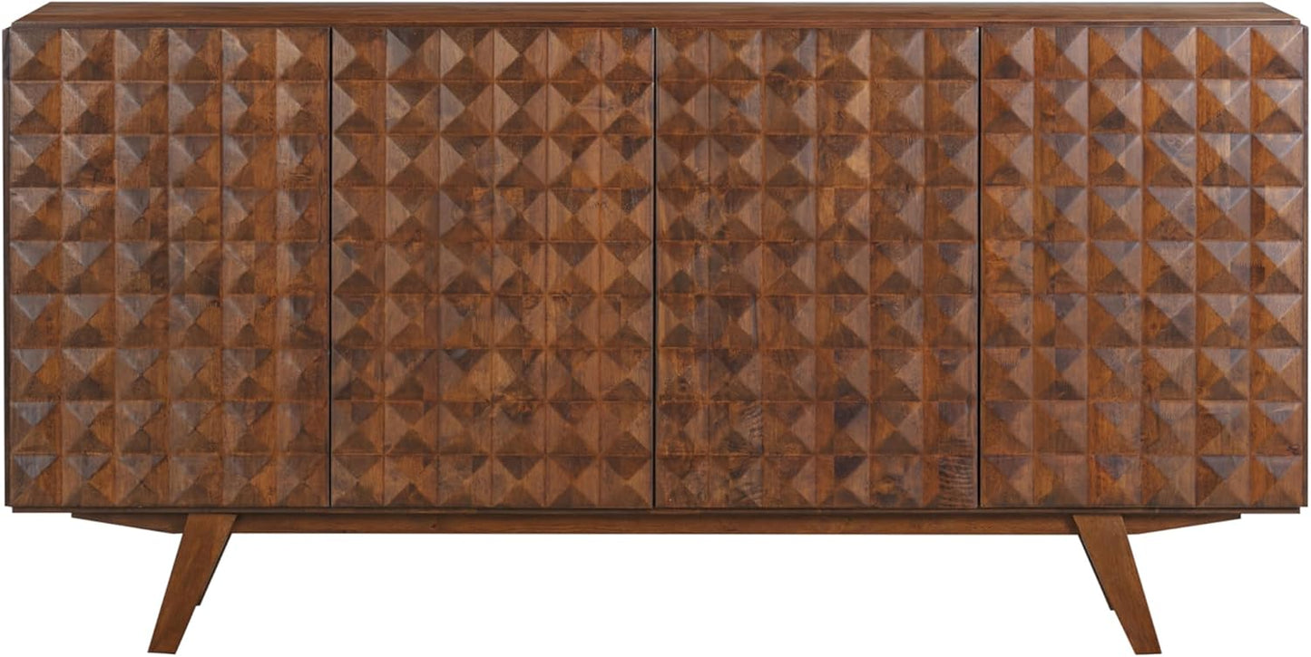 NTC Sapa Mid-Century Modern Solid Wood Sideboard – 4-Door Accent Buffet Cabinet with Carved Geometric Fronts, for Living Room, Dining Room, or Entryway, Effortless Assembly, Dark Walnut