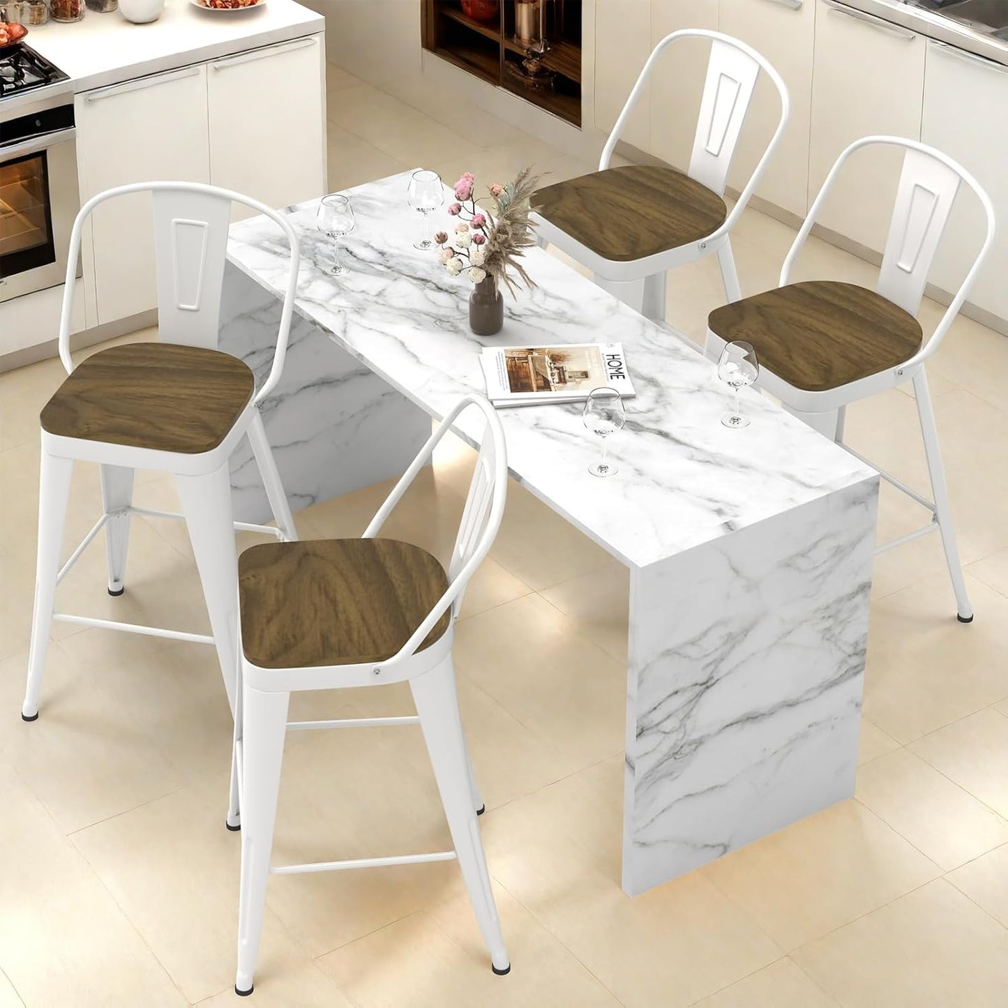 Metal Bar Stools Set of 4, High Back Bar Stools with Wooden Seat, 26 inch White Barstools for Kitchen Island