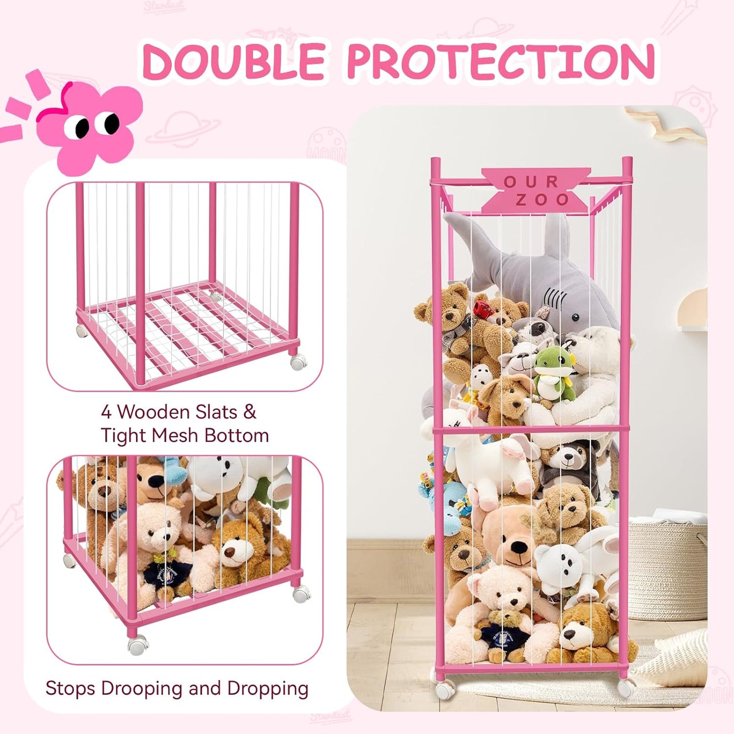 Stuffed Animal Storage Zoo with Wheels, Wooden Large Stuff Animals Plushies Holder Toy Organizer Kids Plush Storage Cage with Elastic Band and Net for Nursery Playroom Corner for Toddler (Hot Pink)