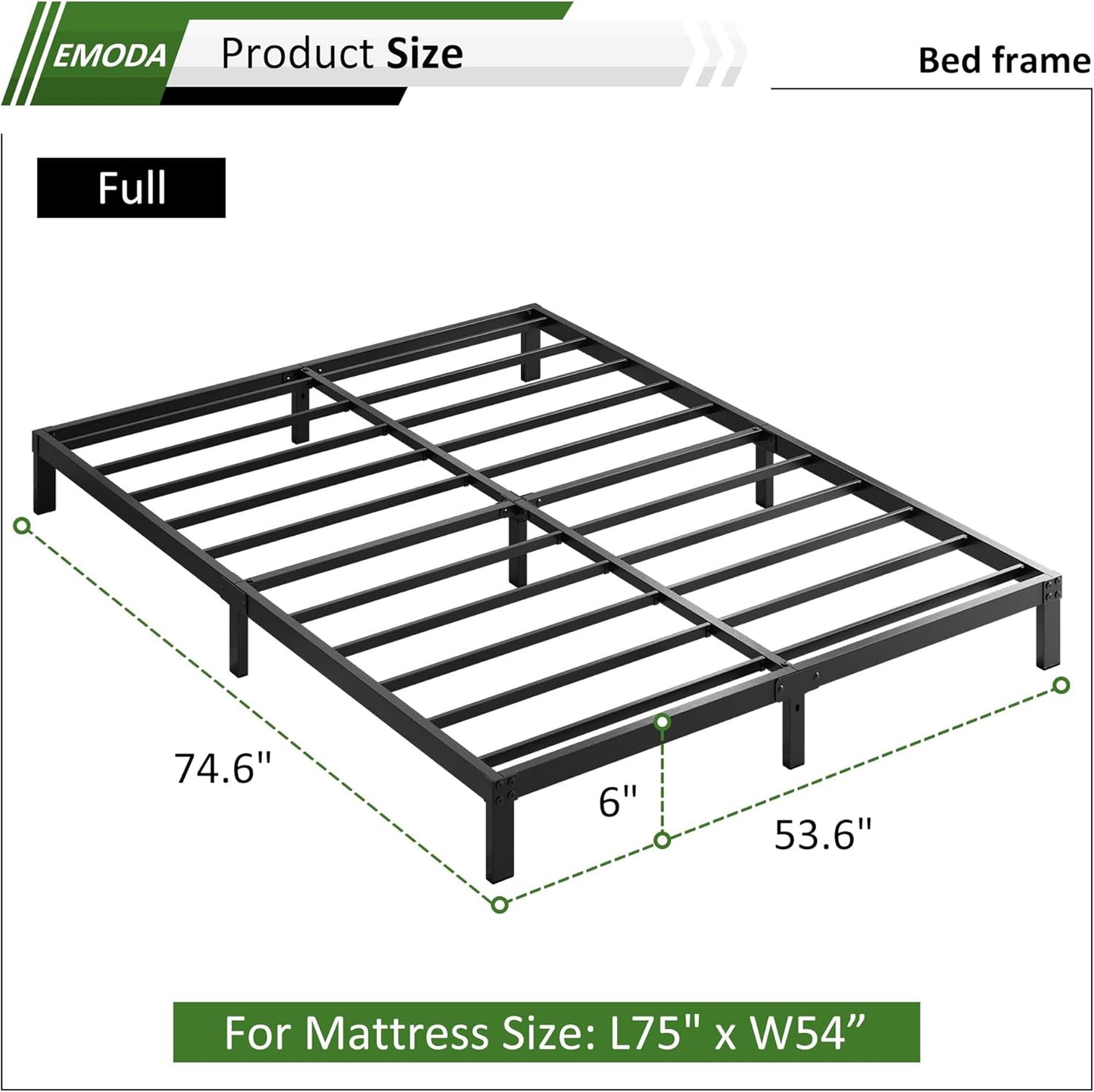 EMODA 6 Inch Full Size Bed Frame Heavy Duty Metal Platform No Box Spring Needed, Easy Assembly Noise Free, Black