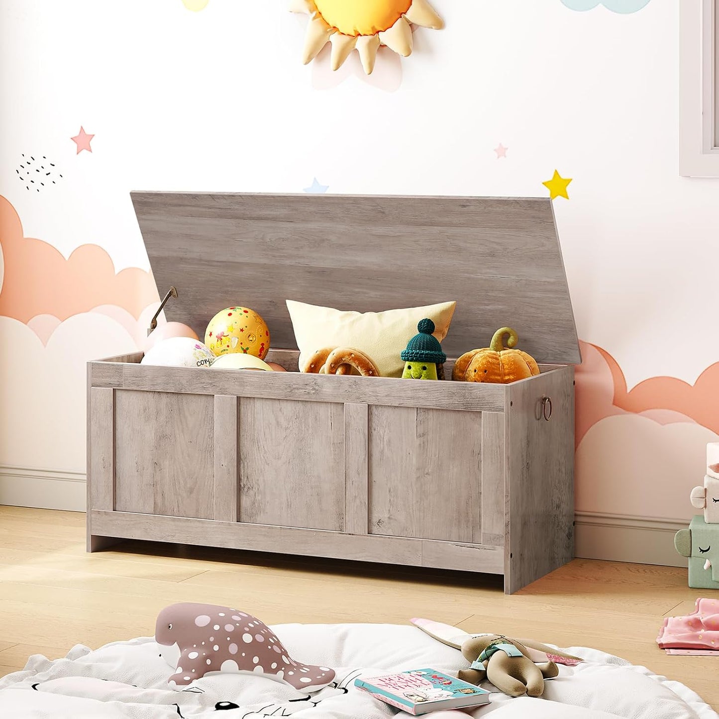 HOOBRO Storage Bench, 39.3" Retro Wooden Storage Chest, Wooden Storage Trunk, Toy Chest with Lift Top, Multifunctional Entryway Organizer, for Entryway, Living Room, Greige BG141CW01