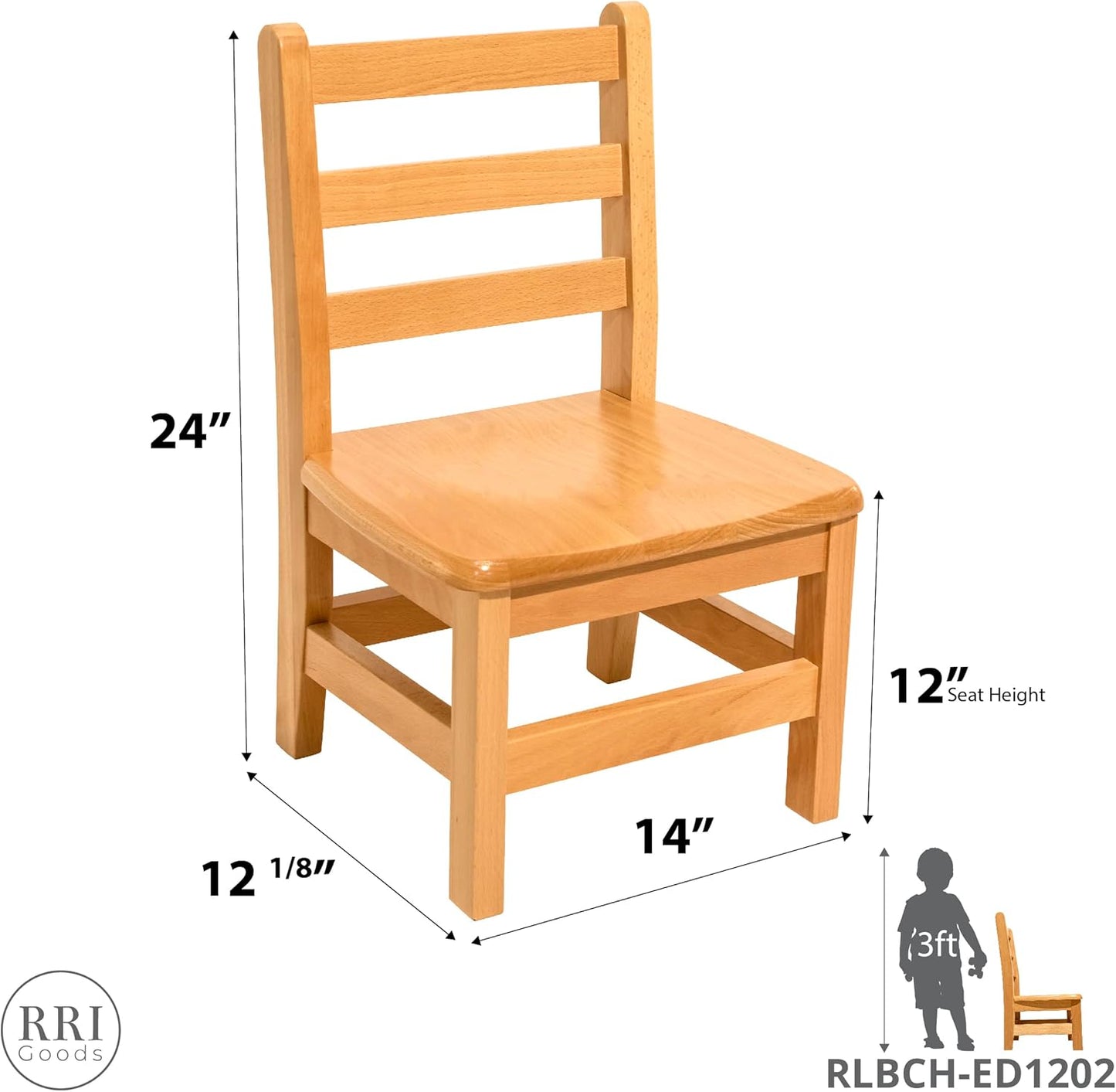 Kids Wooden Chair Set, Fully Assembled Youth Ladderback Wood Chairs for Children, 12" Seat Height for Ages 6-8 (Set of Two)