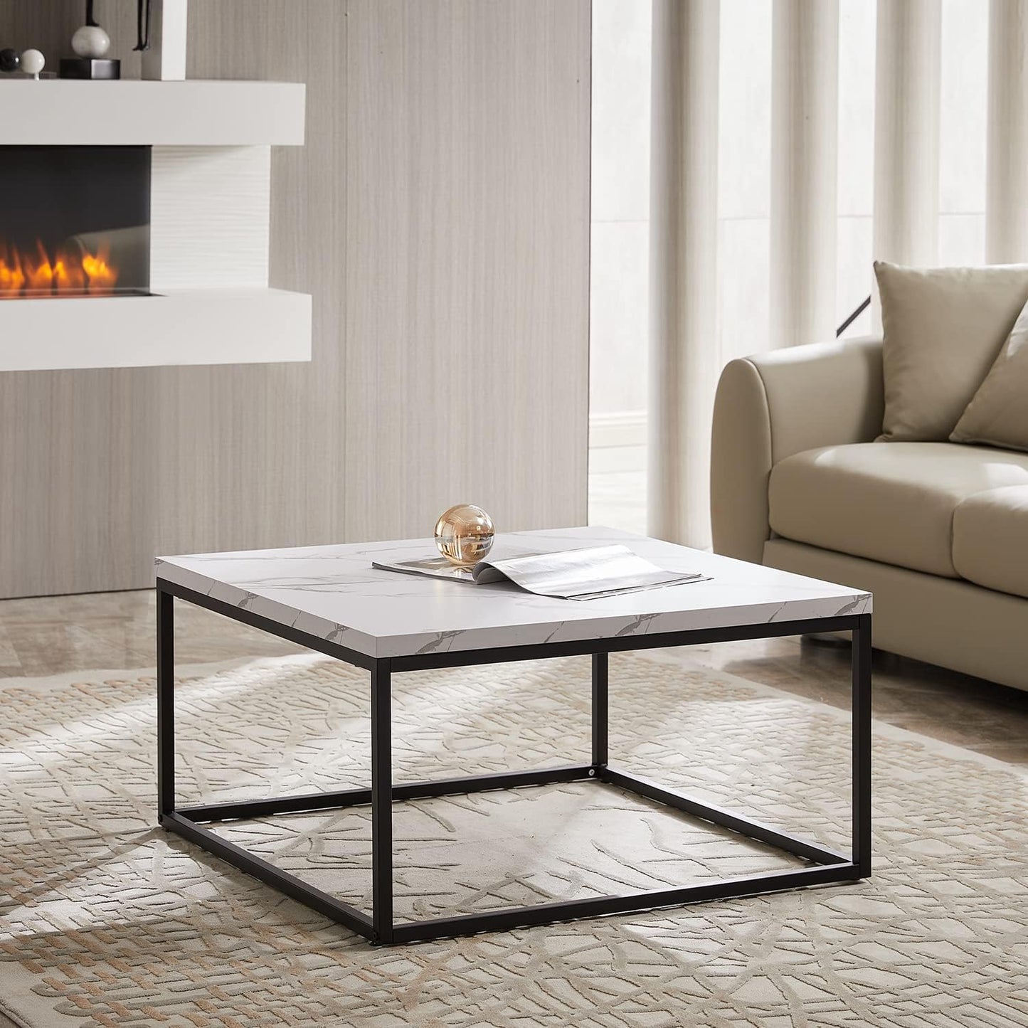 CENSI 30"x30" Marble Accent Coffee Table Ottoman for Living Room, Modern Industrial Style, 1.2" Extra Thick Tabletop (White Marble)