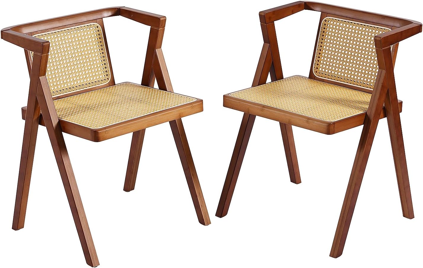 Rattan Dining Chairs Set of 2, Mid-Century Accent Armchair, Wicker Chair, Outdoor Bamboo Chair for Dining Room, Living Room, Bedroom, Kitchen, Walnut