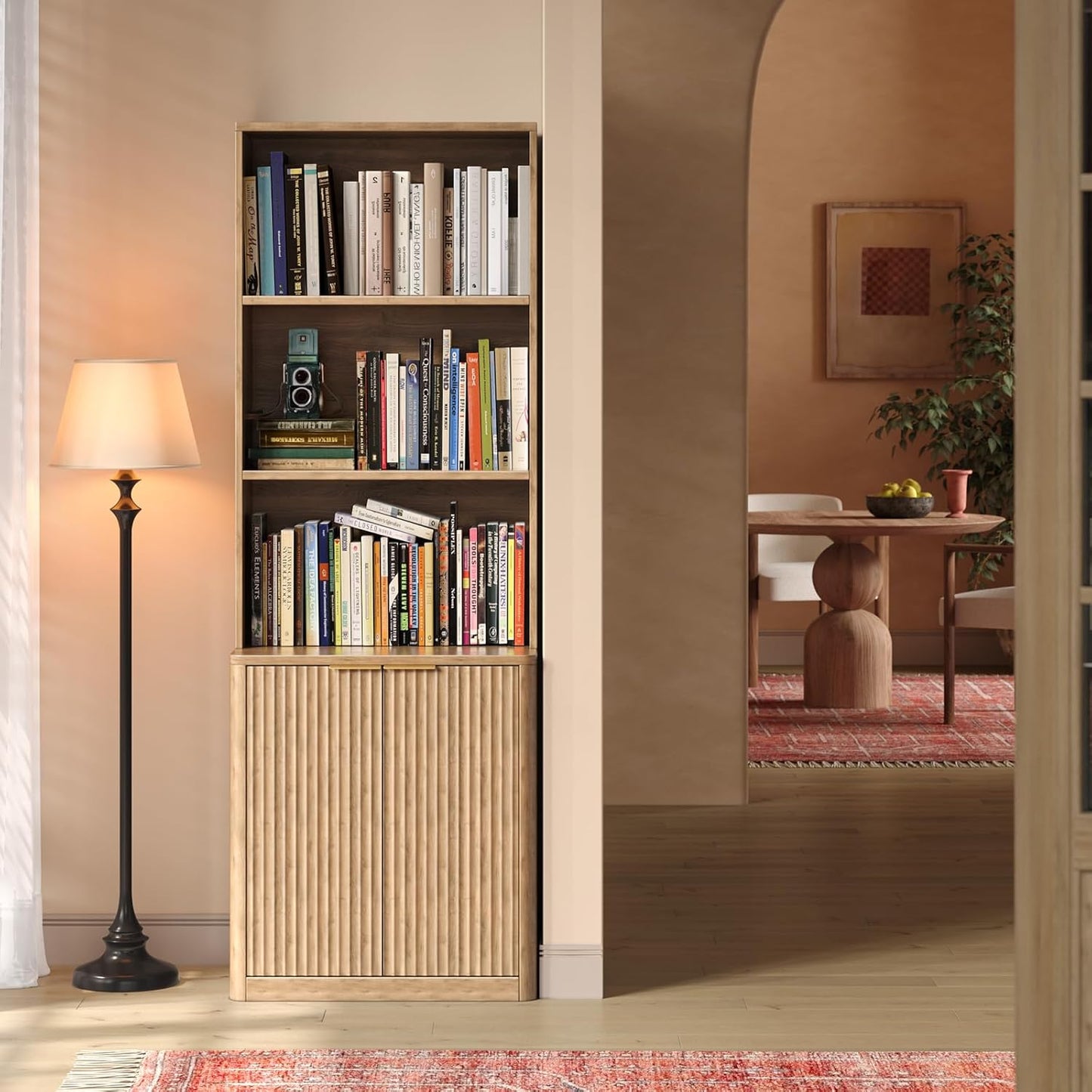 71" Oak Bookcase with Doors, 5-Tier Fluted Tall Bookshelf with Storage, Librero with Cabinet for Home Office, Living Room,or Bedroom