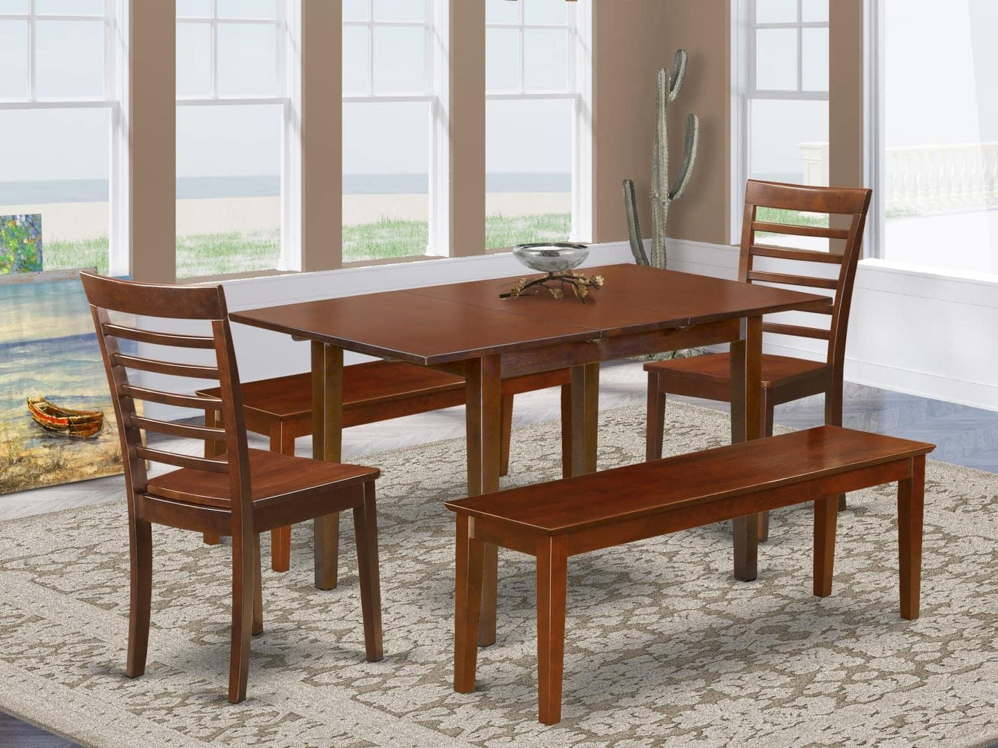 East West Furniture NOML5C-MAH-W 5 Piece Dining Table Set for 4 Includes a Rectangle Kitchen Table with Butterfly Leaf and 2 Dining Room Chairs with 2 Benches, 32x54 Inch, Mahogany