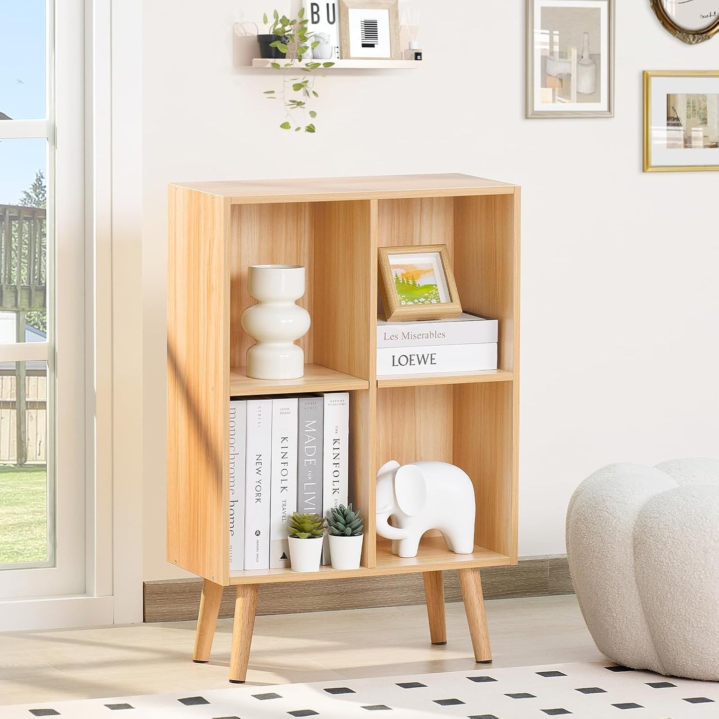 LEYAOYAO 4 Cube Bookshelf, 2-Tier Bookcase with Legs, Natural Kids Book Shelf Cute Storage Organizer, Free Standing Open Toy Shelves Modern Bookshelves,Wood Display Bookcases for Bedroom,Living Room