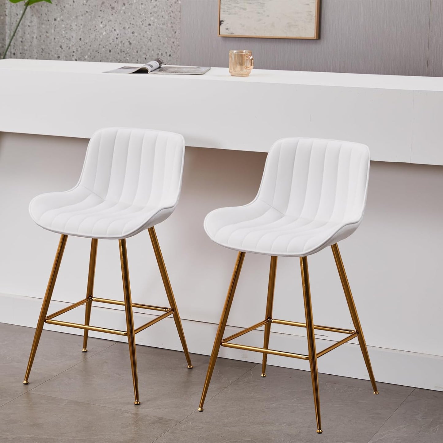 Sidanli Gold Barstools Set of 2, White Bar Stools with Gold Legs, Velvet Stools for Kitchen Island, 24inch Luxury Barstools with Adjustable Footrests