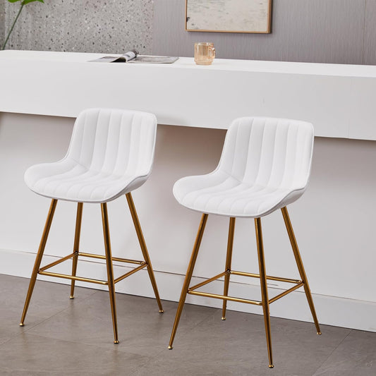 Sidanli Gold Barstools Set of 2, White Bar Stools with Gold Legs, Velvet Stools for Kitchen Island, 24inch Luxury Barstools with Adjustable Footrests