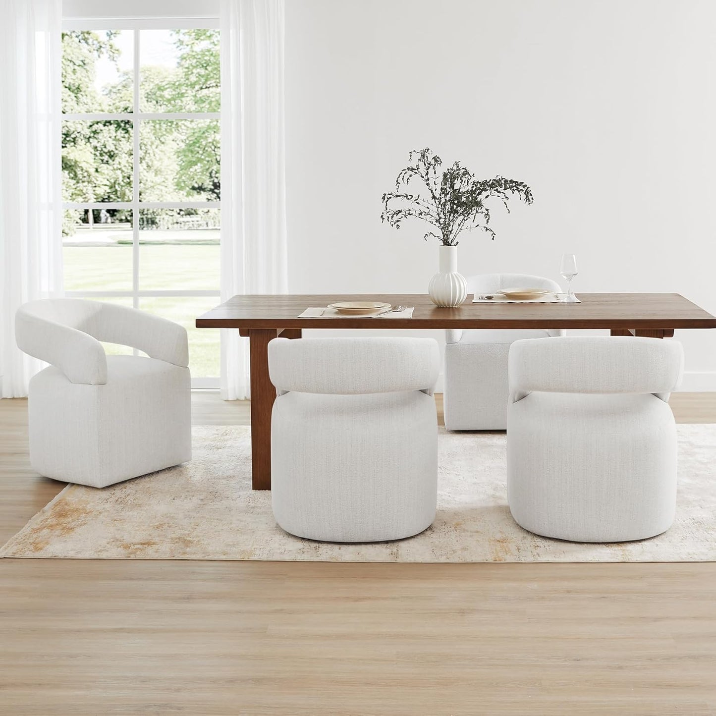 Upholstered Dining Chairs with Casters Modern Barrel Side Armchair with Rollers for Diningroom Bedroom Livingroom Reading Room, Linen, 4PCS