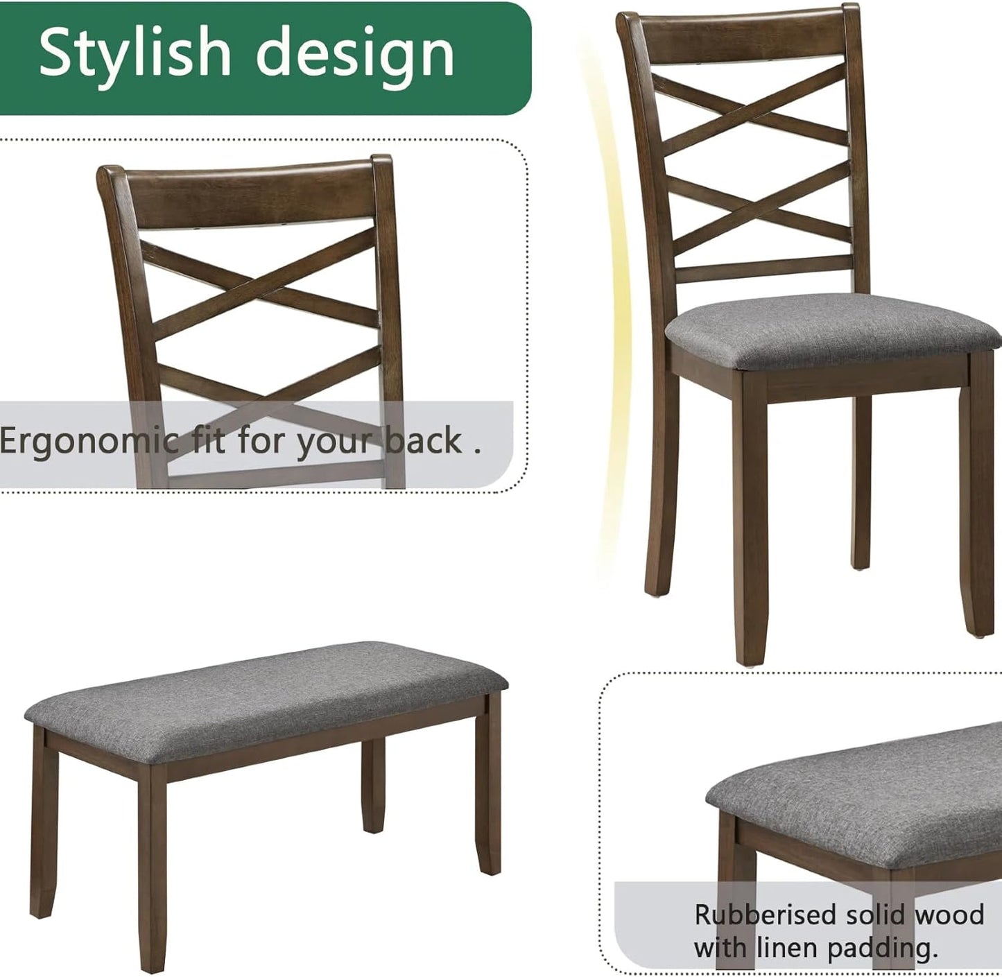 Dining Table Set, Wooden Kitchen Table Set with Rectangular Table, 4 Flat X Backrest Upholstered Chairs & a Bench, Table and Chairs with Non-Slip Feetmats for 6 People, Living Room, Walnut