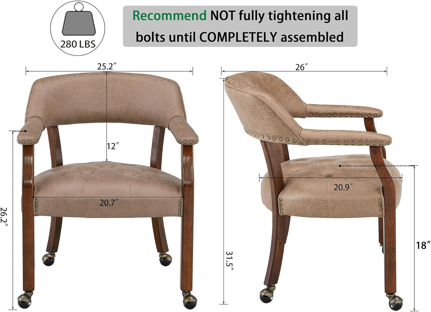 LEEMTORIG Large Dining Chairs with Casters and Arms, Rolling Dining Chairs with Wheels, Solid Wood Office Desk Chairs, 26“Dx25.2 Wx31.5“H, Cherry Legs & Yellowish Brown Fabric SY-1533-LT