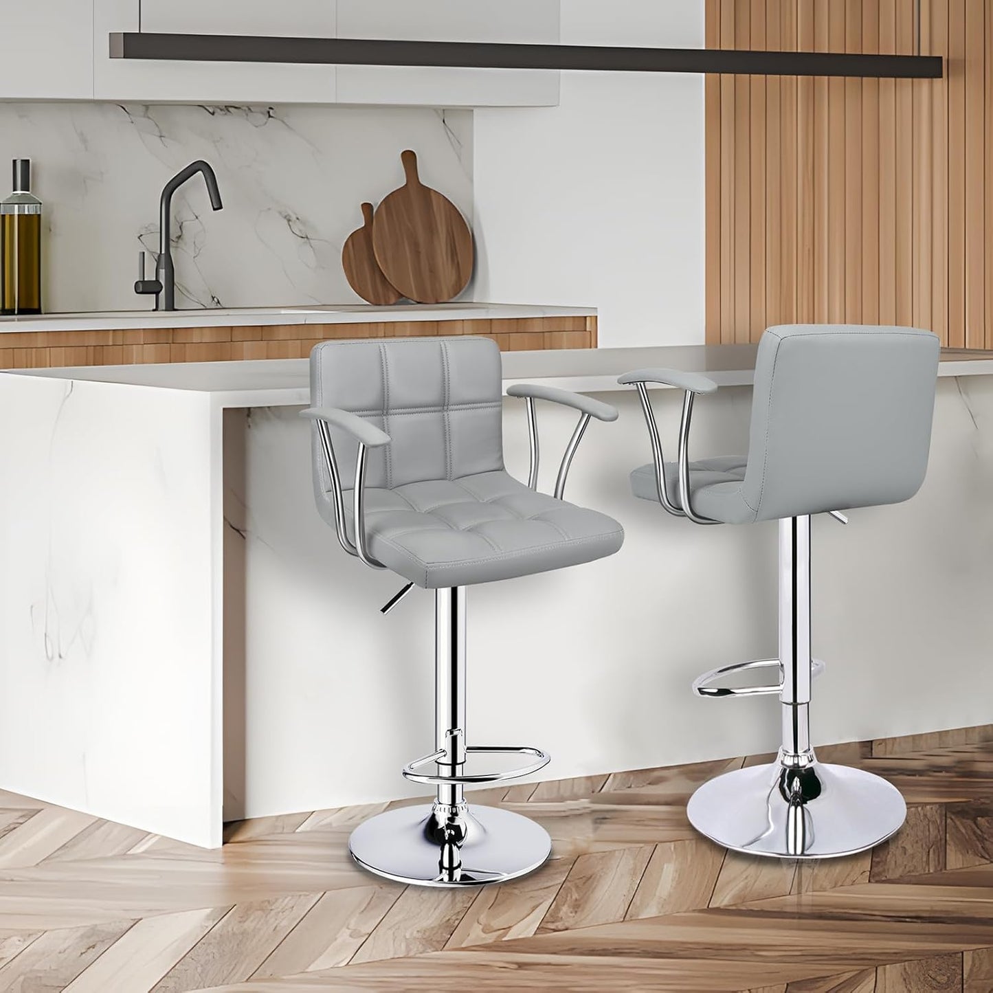 Bar Stools Set of 2,Armrest Adjustable Swivel Barstools with Back,Double Needle PU Leather Counter Height Bar Stools for Kitchen Island, Light Grey