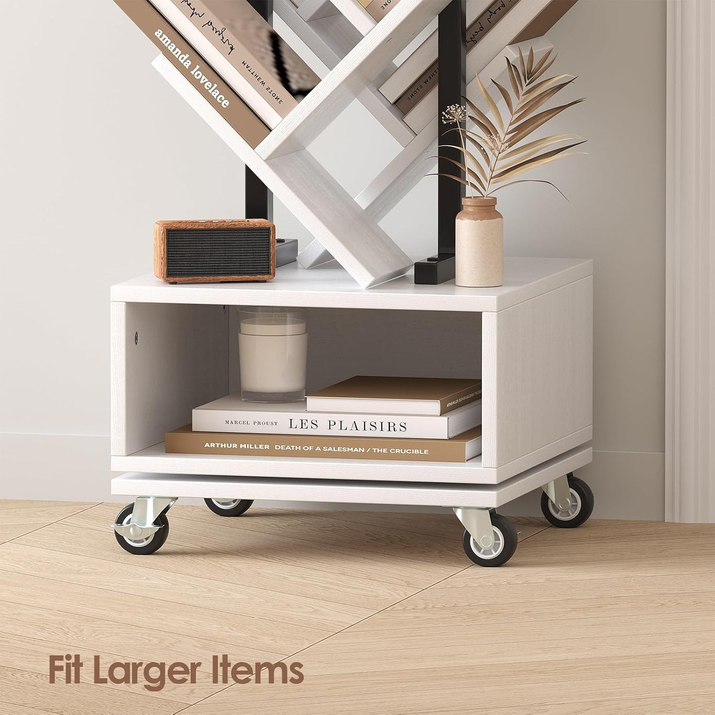 7 Tier Tree-Shaped Rotating Bookshelf, Double Sided, Small Bookcase with Storage Cabinet, Modern Tall Narrow Bookshelves Organizer, Floor Standing Book Shelf for Bedroom/Living Room, White