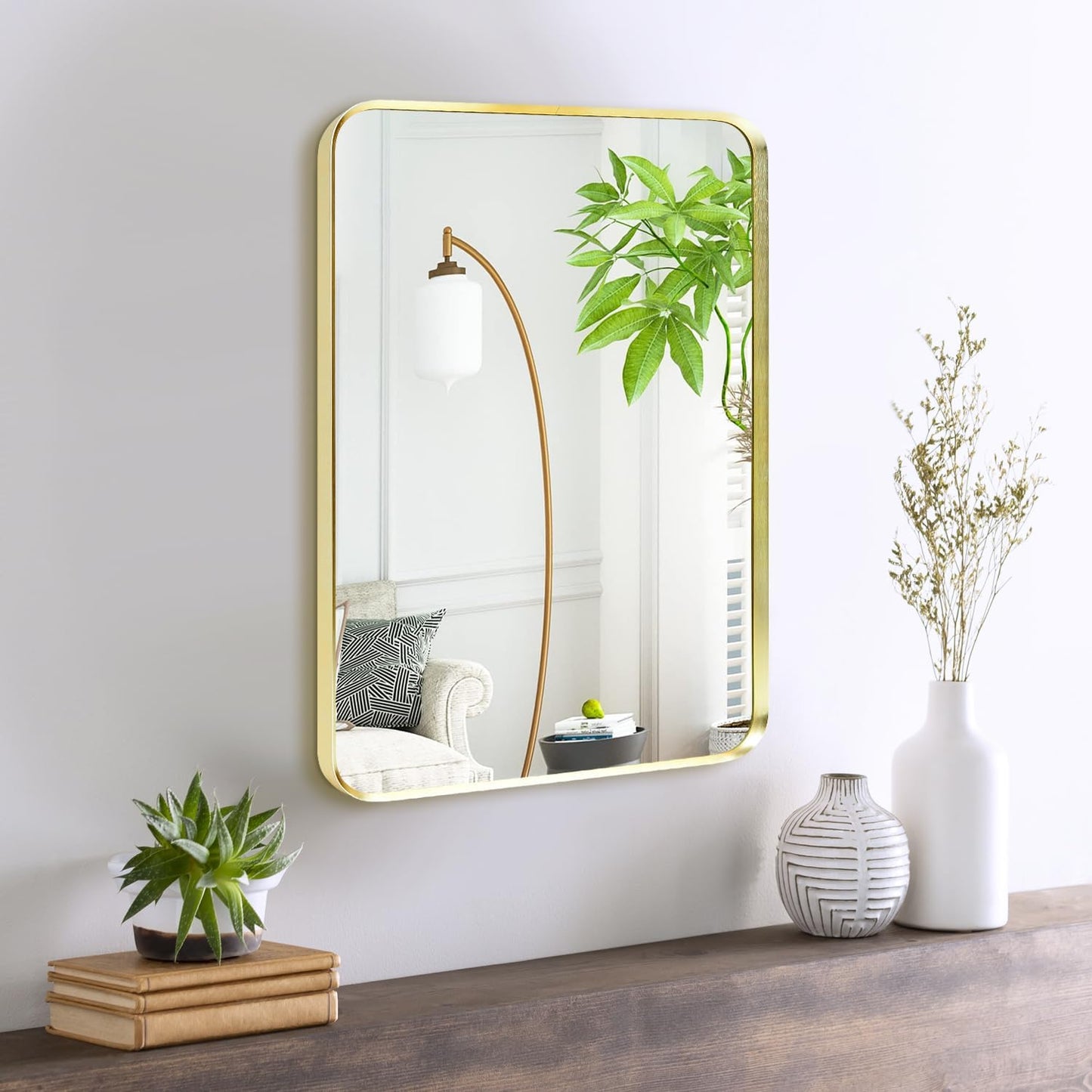 Wall Mount Mirror for Bathroom, Brushed Gold Metal Framed Rounded Corner Rectangular Vanity Mirror (18" x 24", Gold)