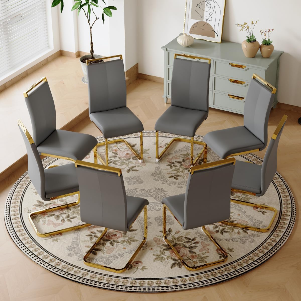 Dining Chairs Set of 8, Faux Leather with Plated Chrome Metal Frame, Modern Kitchen Chairs with Padded Seat High Back for Dining Room, Kitchen, Living Room