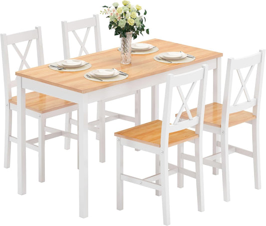soges Dining Table Set for 4, 42.5 inch Pine Wood Dining Room Table with 4 Chairs, 5-Piece Kitchen Table Chairs Set for Small Space, Apartment, Dinette, Breakfast, White & Oak