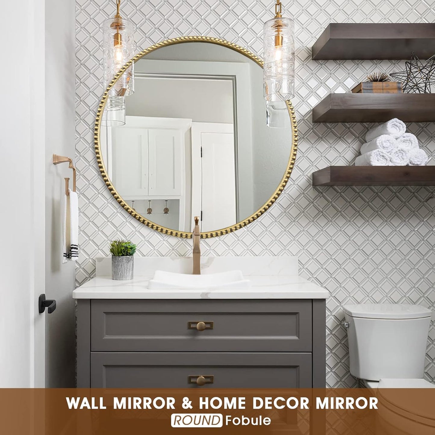 Round Bathroom Wall Mirror, 28"x28" Antique Gold Metal Beaded Frame Vanity Mirror, Wall Mounted Large Circle Makeup Mirror for Bedroom, Living Room, Entryway