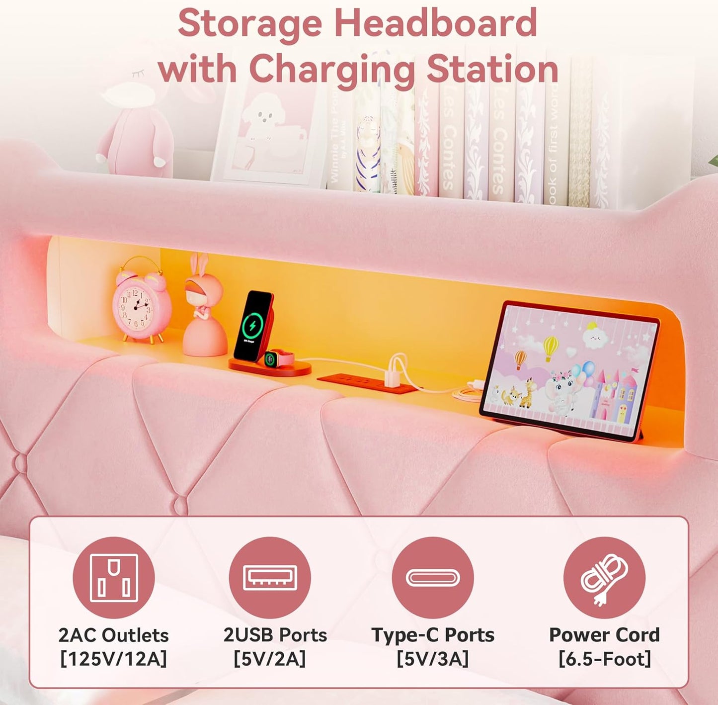 Full Upholstered LED Bed Frame with 2 Storage Drawers and 2-Tier Storage Headboard, Velvet Princess Platform Bed with Charging Station & Bookcase, Heavy Duty Metal Support, No Box Spring Needed, Pink