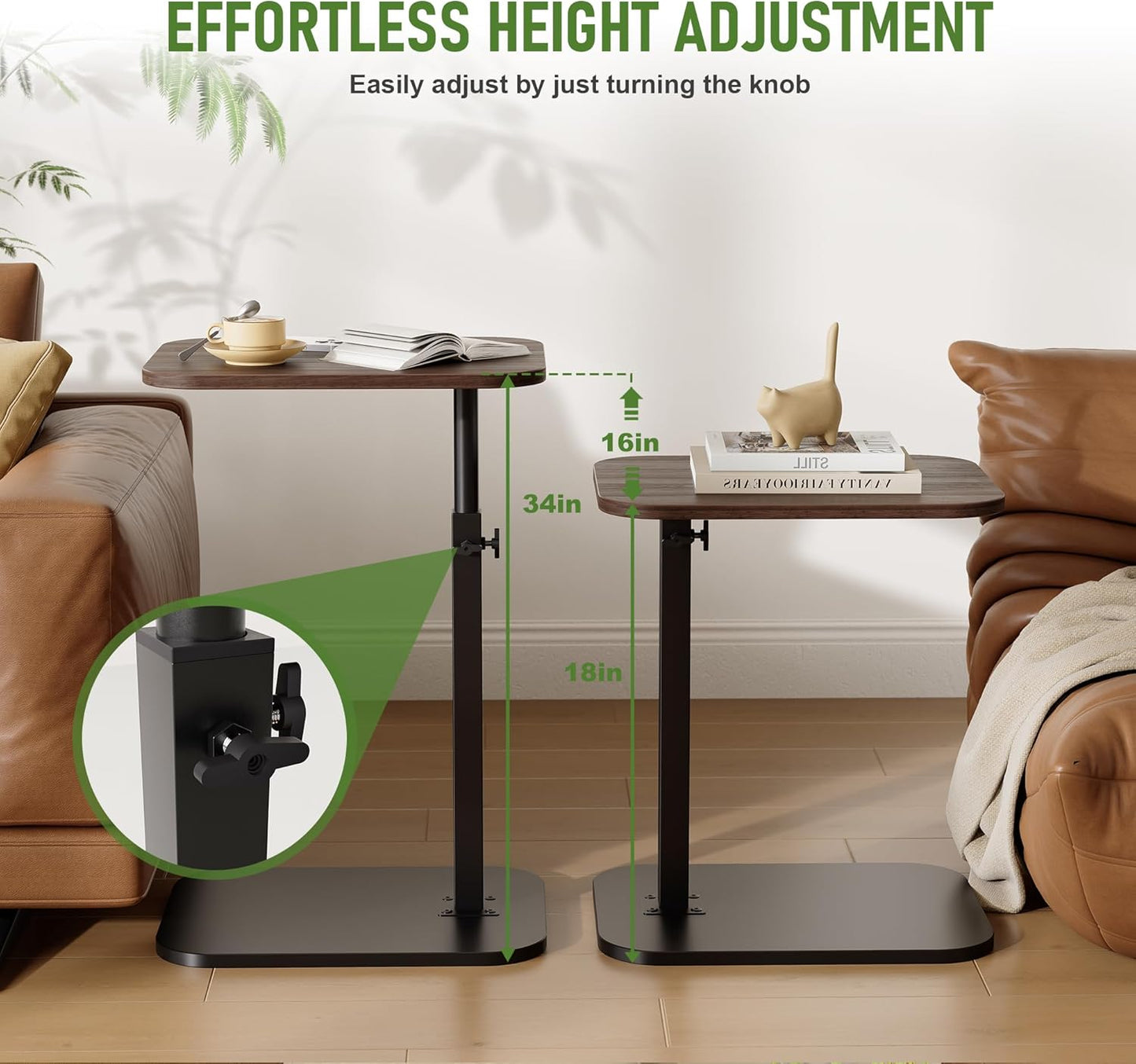 C Shaped End Table for Couch, Adjustable Height Couch Side Table, Horizontal 360°Swivel Small TV Tray Table Couch Side Tables That Slide Under (Walnut)