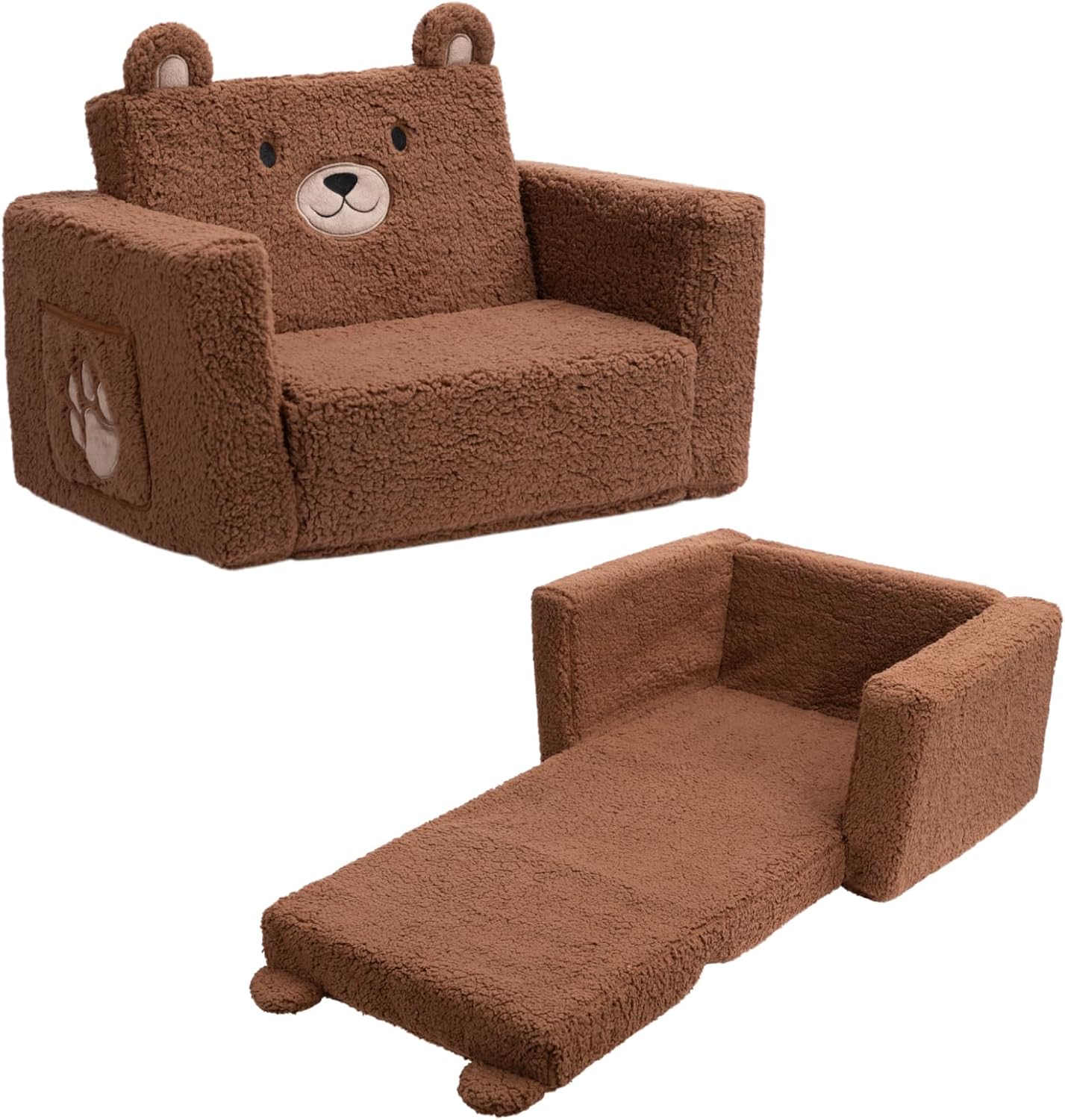 ALIMORDEN 2-in-1 Flip Out Cuddly Sherpa Toddler Couch, Convertible Sofa to Lounger, Bear
