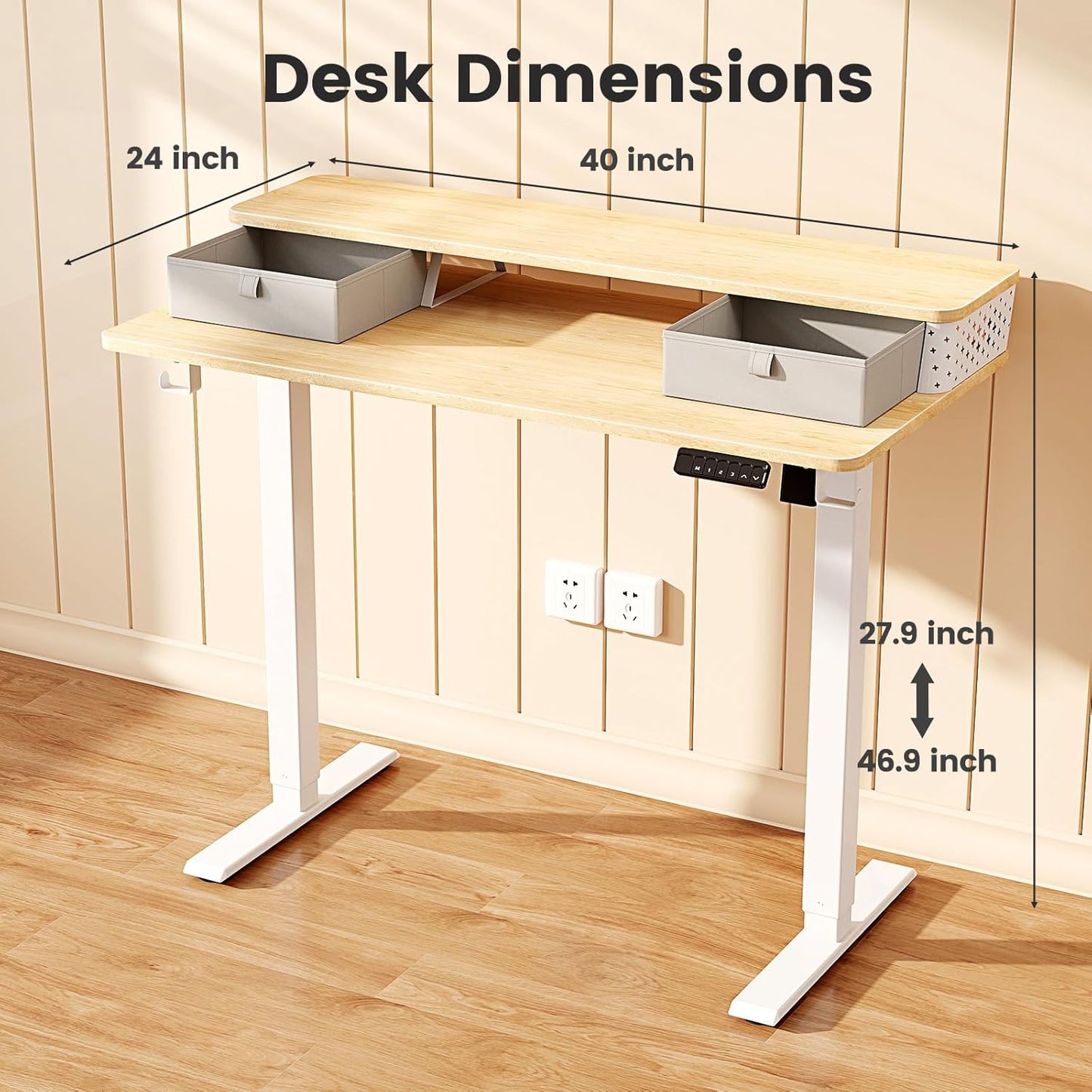 Small Standing Desk with Drawers and Brushless Motor,Electric Sit Stand Desk for Walking Pad,Ergonomic Stand Up Desk for Home Office & Gaming,3 Memory Height Preset & Hooks(40" x 24", Oak)