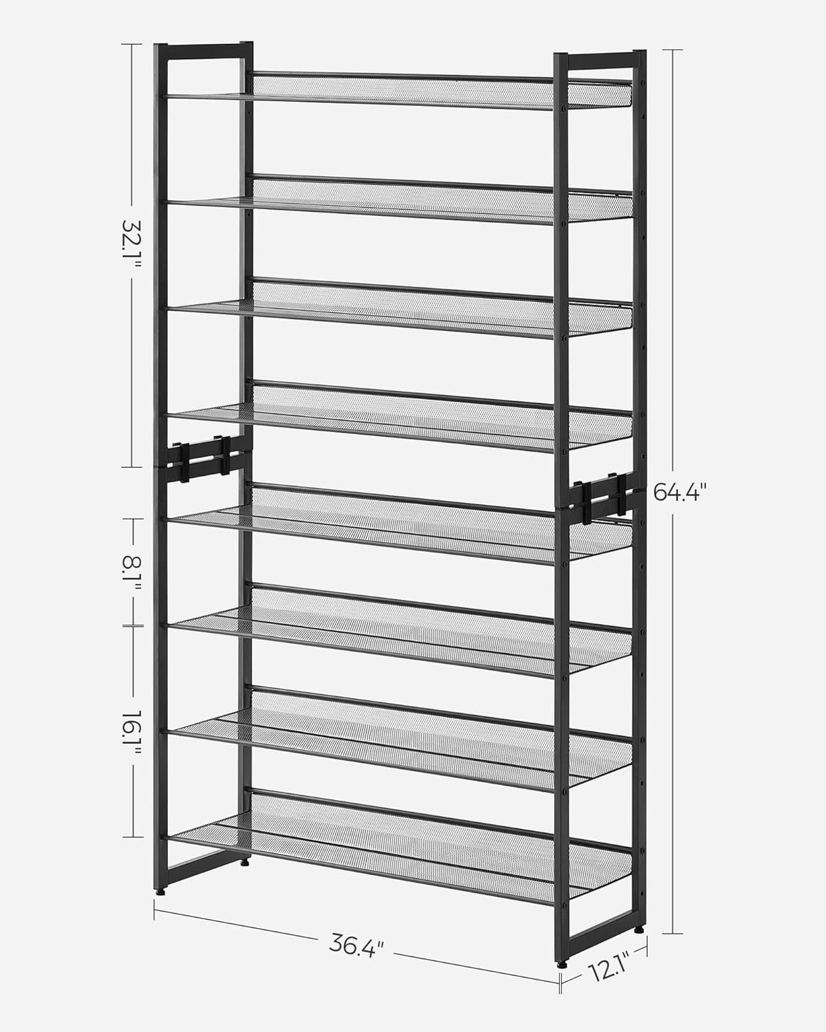 SONGMICS Shoe Rack, 8-Tier Shoe Organizer, Metal Rack for Garage, Set of 2, 4-Tier Stackable Shelf, with Adjustable Flat or Angled Shelves, 32-40 Pairs, Ink Black ULMR08B