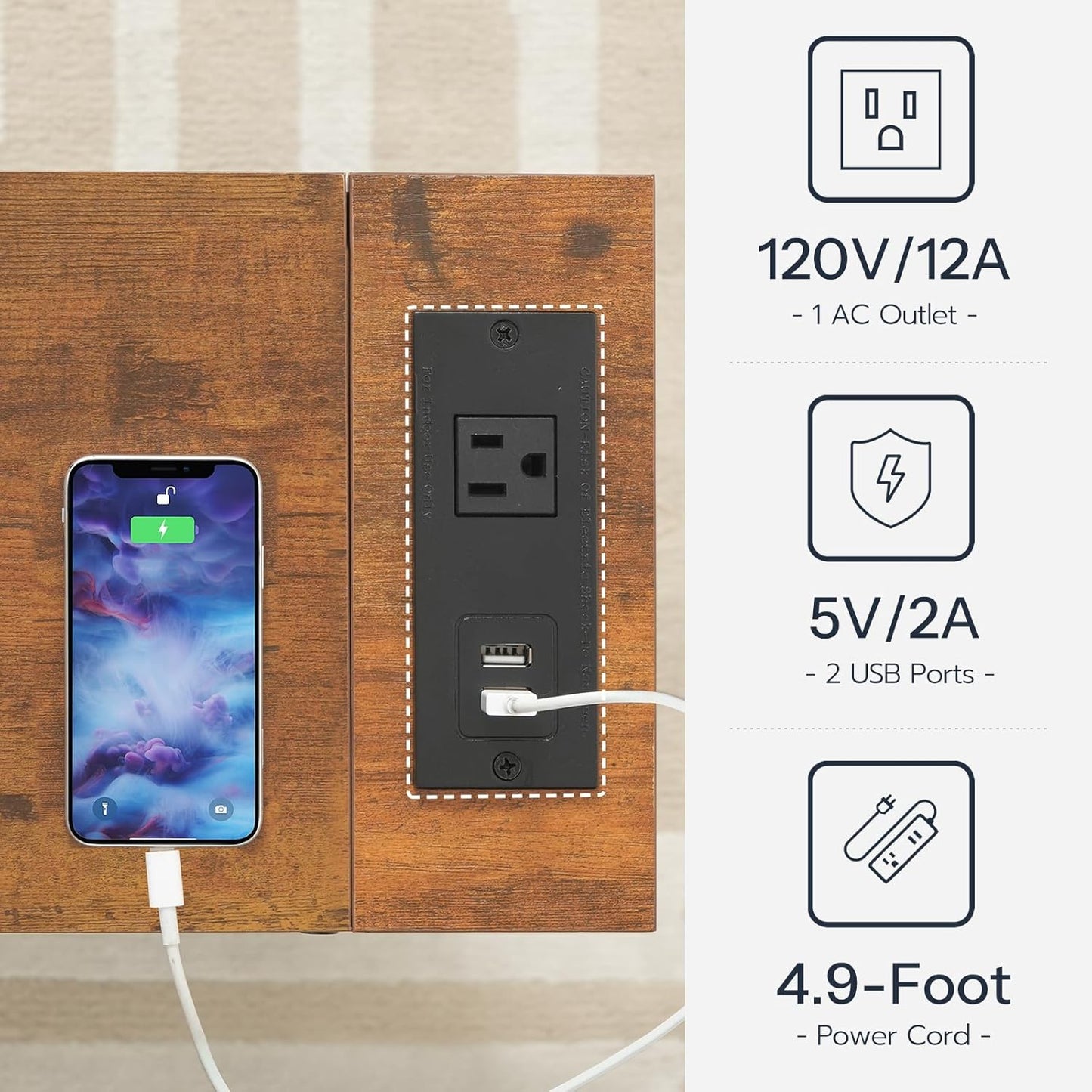 HOOBRO End Table with Charging Station, Narrow Side Table with 2 Fabric Drawers, Skinny Nightstand with Storage, Slim Bedside Table for Living Room, Small Spaces, Rustic Brown and Black BF487UBZ01