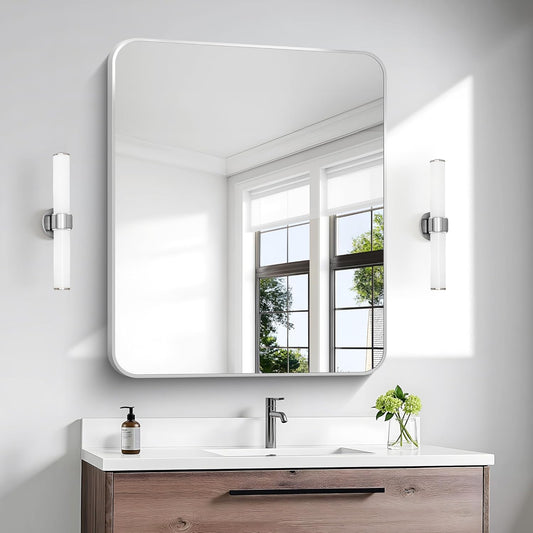 BONEWEI Silver Bathroom Mirror,30x36 inch Wall Mirror for Bathroom Wall Mounted,Rectangle Mirror for Bathroom Over Sink,Modern Frame Round Corner for Living Room,Bedroom Entryway,Horizontal/Vertical