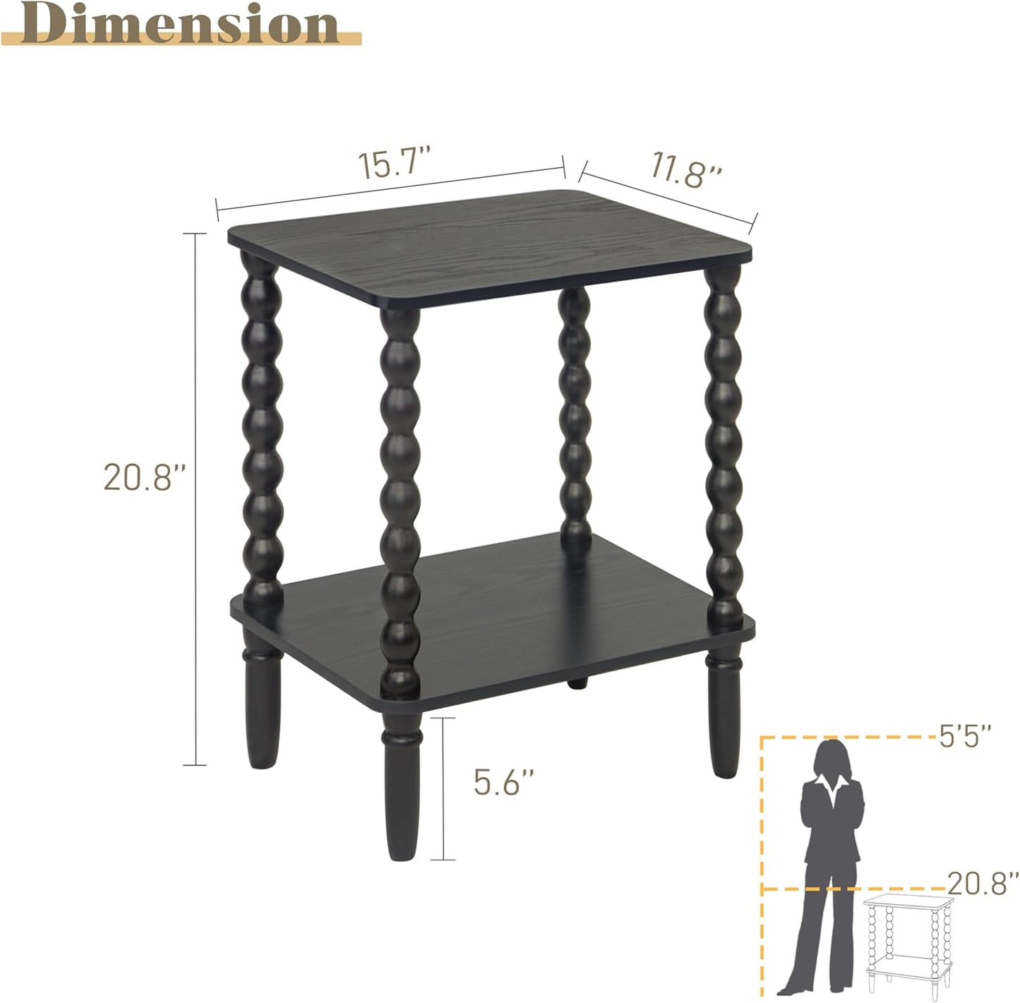Black Side Table, Small End Table with 2-Tier Shelf, Vintage Night Stand with Storage for Bedroom Living Room, Small Spaces (Black)