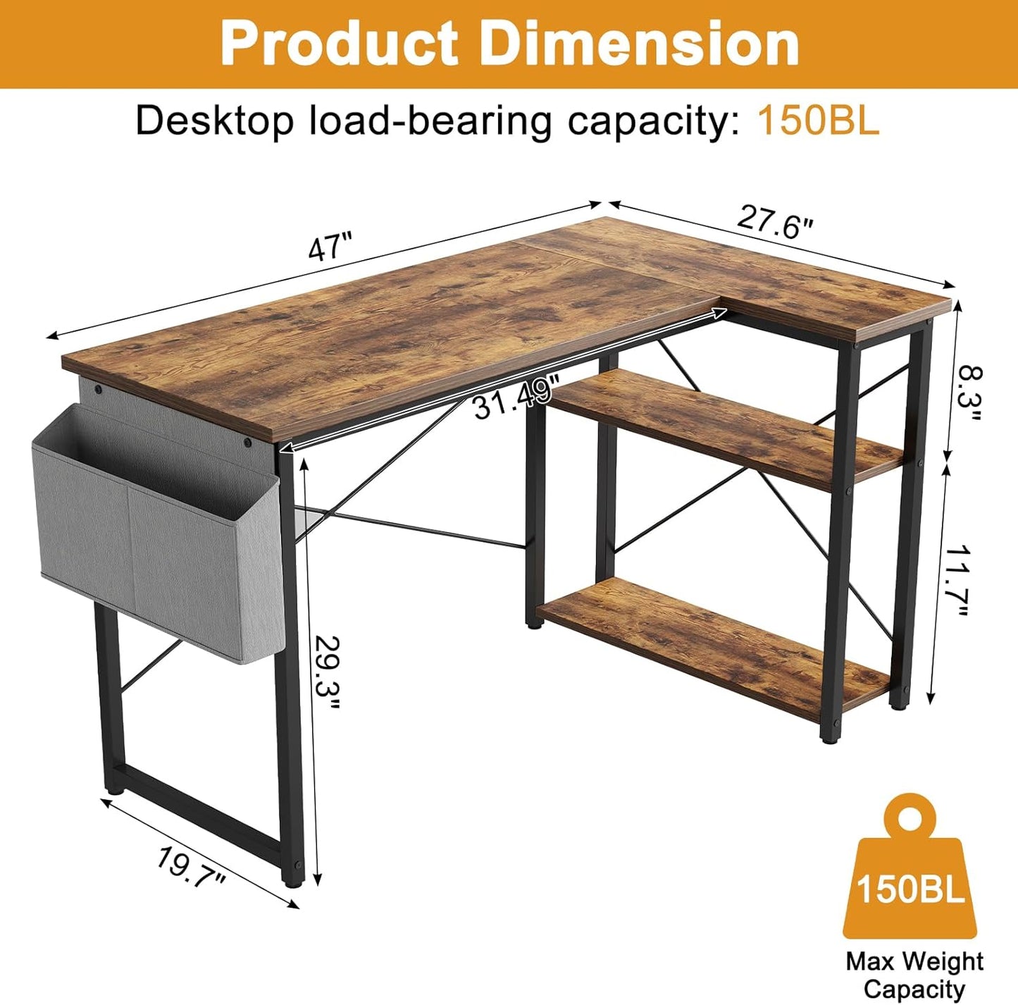 L Shaped Computer Desk with Reversible Shelves, 47 Inch Small Corner Desk with Storage Bag, Gaming Desk Computer Table Study Writing Desk for Home Office Small Space, Rustic Brown
