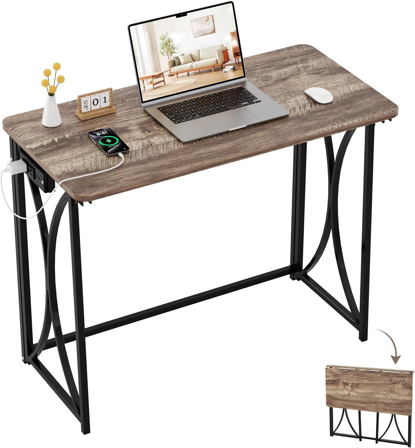 Small Desk, 31.5" Folding Table for Bedroom with Power Outlet, Space Saving Folding Computer Desk for Home Office, Easy Assembly, Light Brown