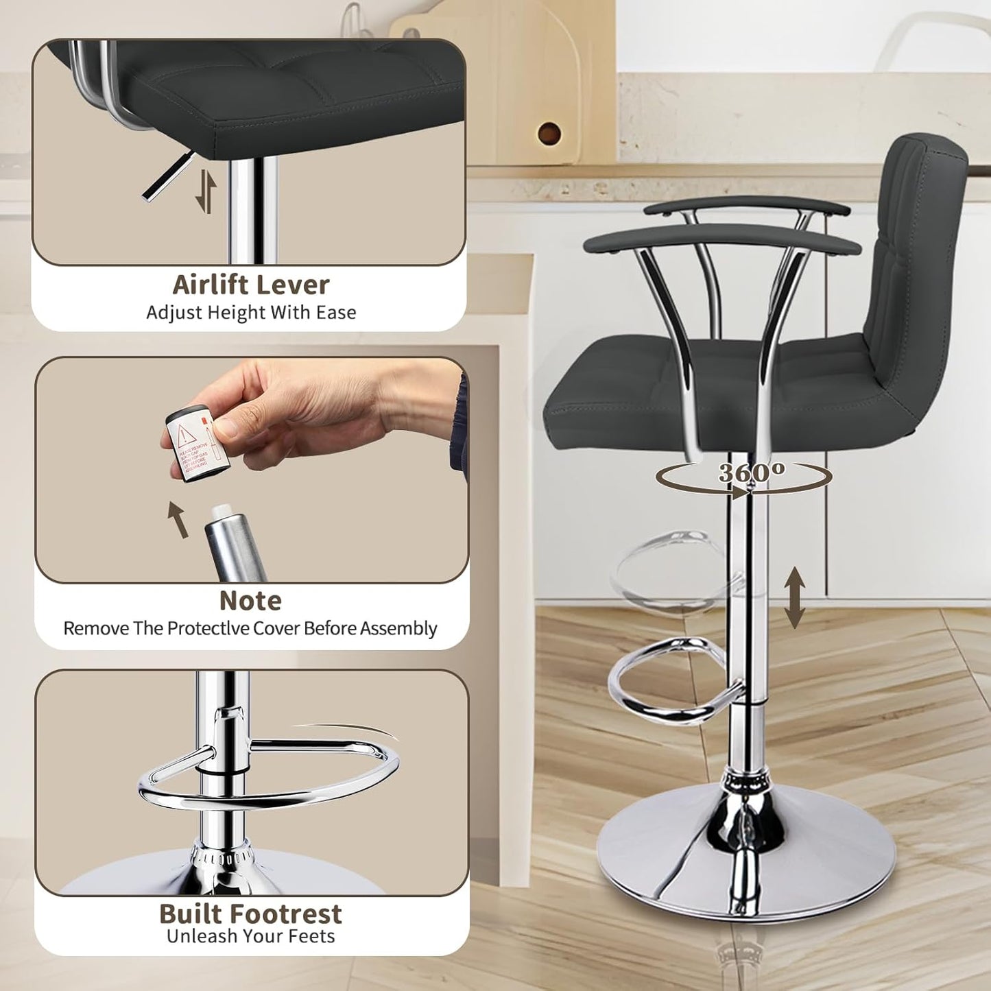 Bar Stools Set of 2,Armrest Adjustable Swivel Barstools with Back,Double Needle PU Leather Counter Height Bar Stools for Kitchen Island, Grey