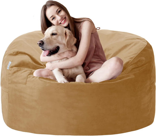 3FT Bean Bag Chair with Ultra Soft Velvet Cover Bean Bag Sofa with Memory Foam Bean Bag Chairs with Large Size Lazy Sofa for Dorm Office Living Room Bedroom Camel 3'