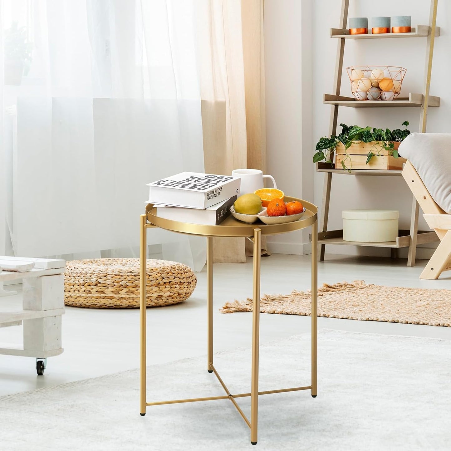 danpinera Gold Side Table, End Table for Small Spaces Outdoor Desk Round Metal Patio Coffee Nightstand Waterproof Removable Tray Desk for Living Room Bedroom Balcony Office