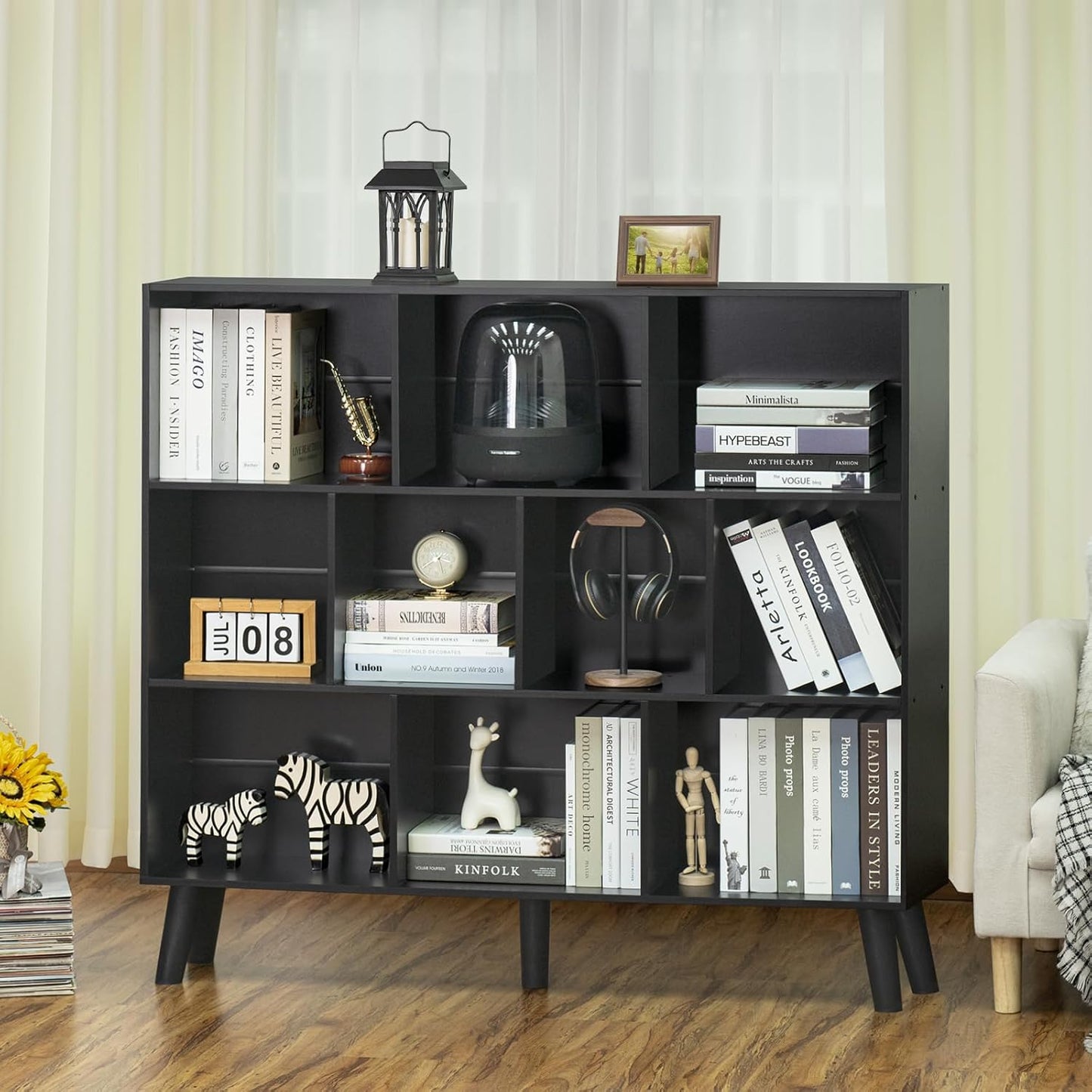 YAHARBO 10 Cube Bookshelf,3 Tier Bookcase with Legs,Black Mid-Century Modern Bookshelves,Large Free Standing Open Storage Organizer Shelf,Tall Wooden Book Case Furniture for Bedroom,Living Room,Office