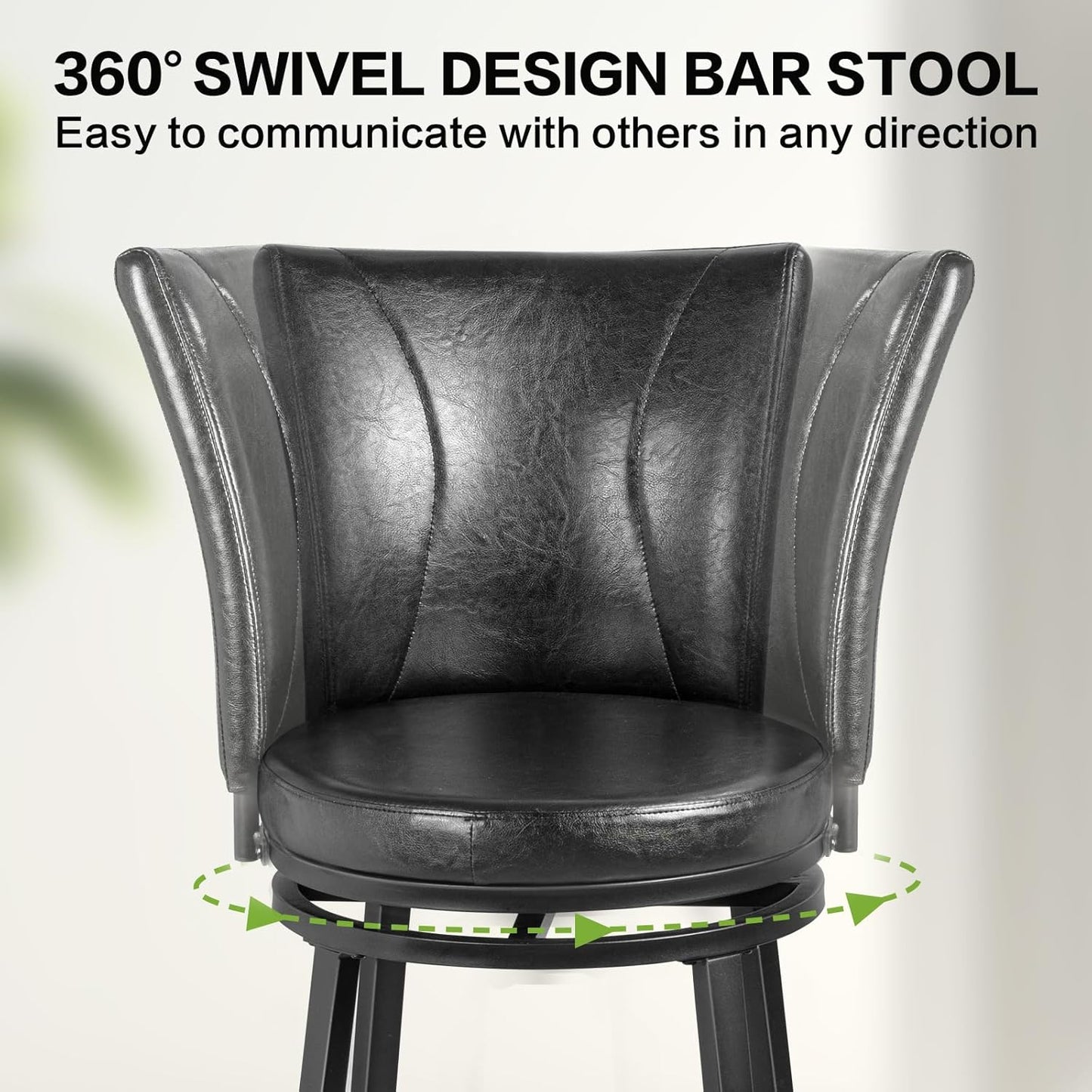 Bar Stools Set of 2, Counter Height Swivel Bar Chair with High Backrest, 24 inch Round Seat Barstools for Kitchen Island, Pub, Metal Base, Upholstered PU Leather Dining Chairs Black