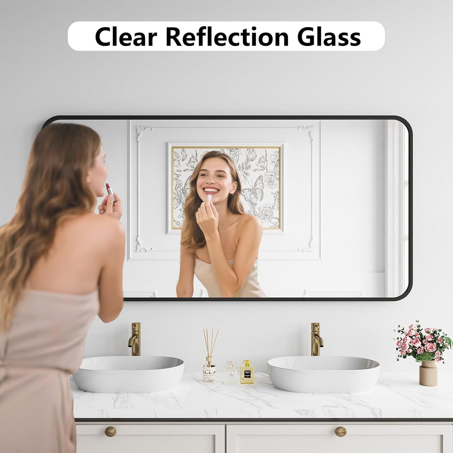 Koonmi Bathroom Mirror, 30X60 Inch Black Metal Framed Mirror for Bathroom, Tempered Glass, Anti-Rust, Rounded Rectangle Mirror for Restroom, Bedroom, Black