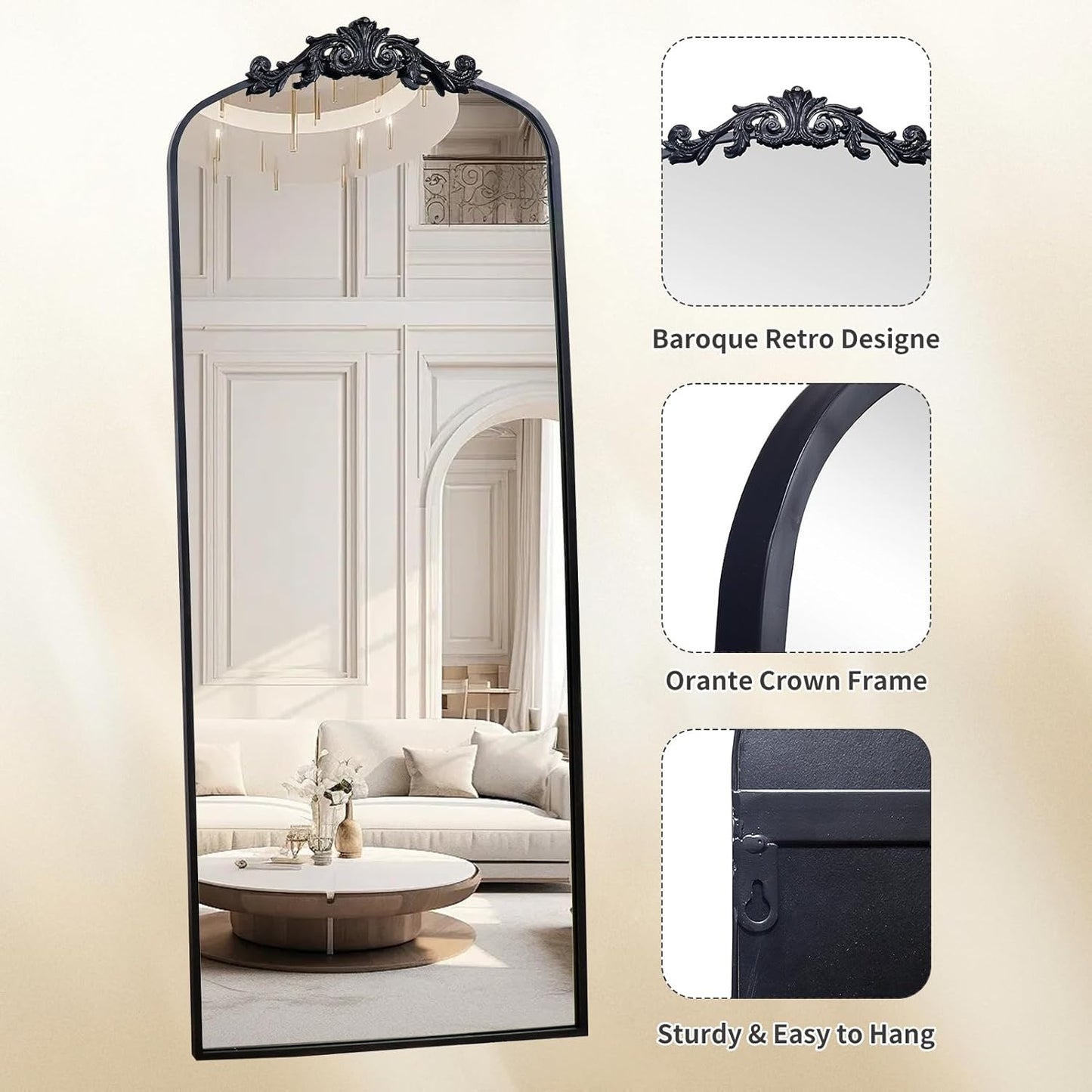 AIXI HOME Antique Black Arch Full Wall Mirror, 71"x30" Elegant Rectangle Vintage Mirror with Ornate Frame, Baroque Inspired Home Decor for Bathroom Vanity Bedroom Entryway