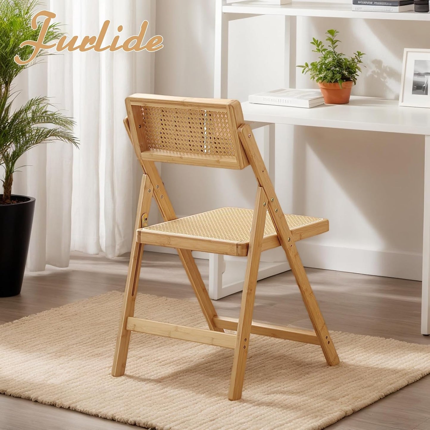 Rattan Folding Chair, Modern Mid Century Dining Chair Set of 1, Outdoor Bamboo Chairs for Bedroom Living Room Reading Room Dining Kitchen, Wood